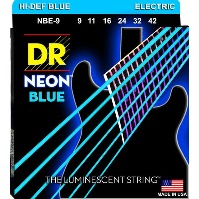 DR Strings NBE-9 Hi-Def NEON Blue Coated Light, Electric Guitar Strings, 9-42
