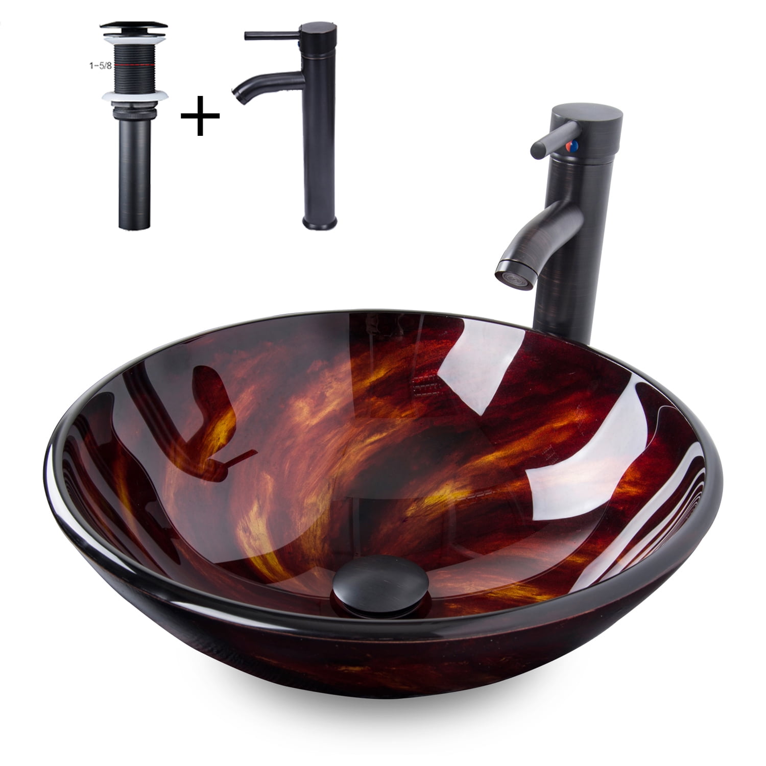 FULLWATT Artistic Vessel Sink Bathroom Tempered Glass Vanity Round Bowl with Oil Rubber Bronze Faucet and Pop up drain Combo, Flame Red