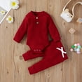 thumbnail image 2 of Winter Newborn Baby Boy Girl Clothes Set Ribbed Outfits Unisex Infant Solid Cotton Button Long Sleeve Tops Pants 2PCS, 2 of 7