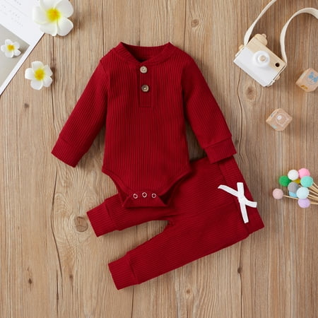 

Nokpsedcb Newborn Baby Girls Boys Spring Fall Suit Long Sleeve Clothes Striped Romper+Pants Set Infant Outfits Wine Red 6-12 Months