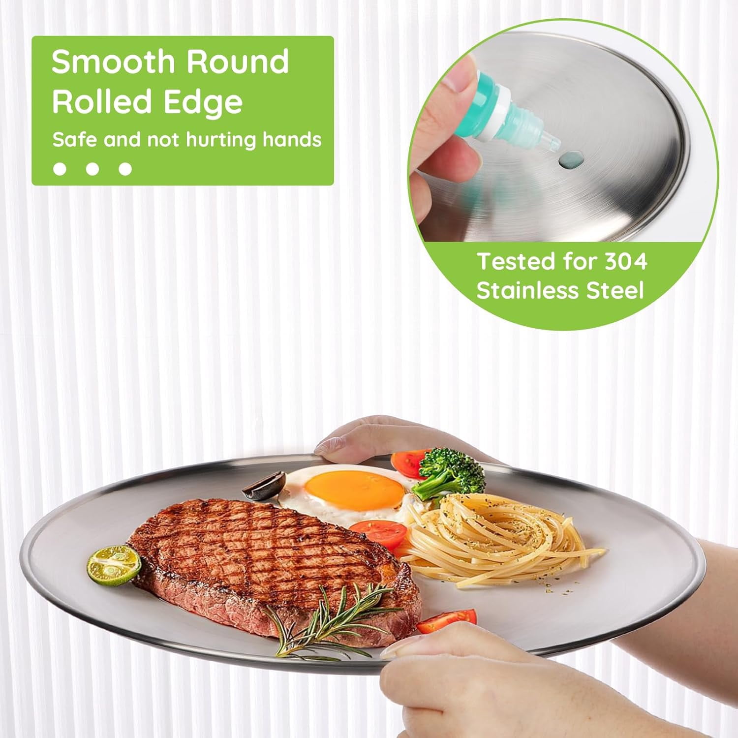 Stainless Steel Plates, 6 Pack 11.8 inch 304(18/8) Metal Food Serving Plate Set, Reusable Snack Eating Dishes Round Shatterproof Plate Silver BBQ Dinner Lunch Dinnerware Oven Dishwasher Safe