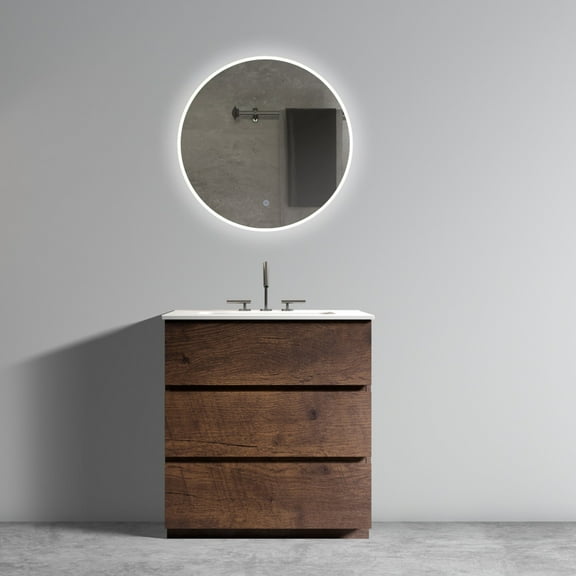 30-Inch Walnut Freestanding Bathroom Vanity with Integrated White Sink, 3 Faucet Holes Design, Spacious Storage Cabinet & Pre-Assembled Frame - Modern Bathrooms, No Drain/Faucet Included