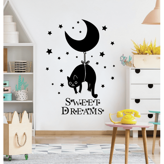 Hanging Cat Moon Sweet Dreams Good Night Dream Quotes Cute Sleeping Vinyl Design Wall Sticker Art Decal Boys Girls Kids Toddler Room Bedroom Nursery Kinder Decors Stickers Decoration Size (40x24 inch)