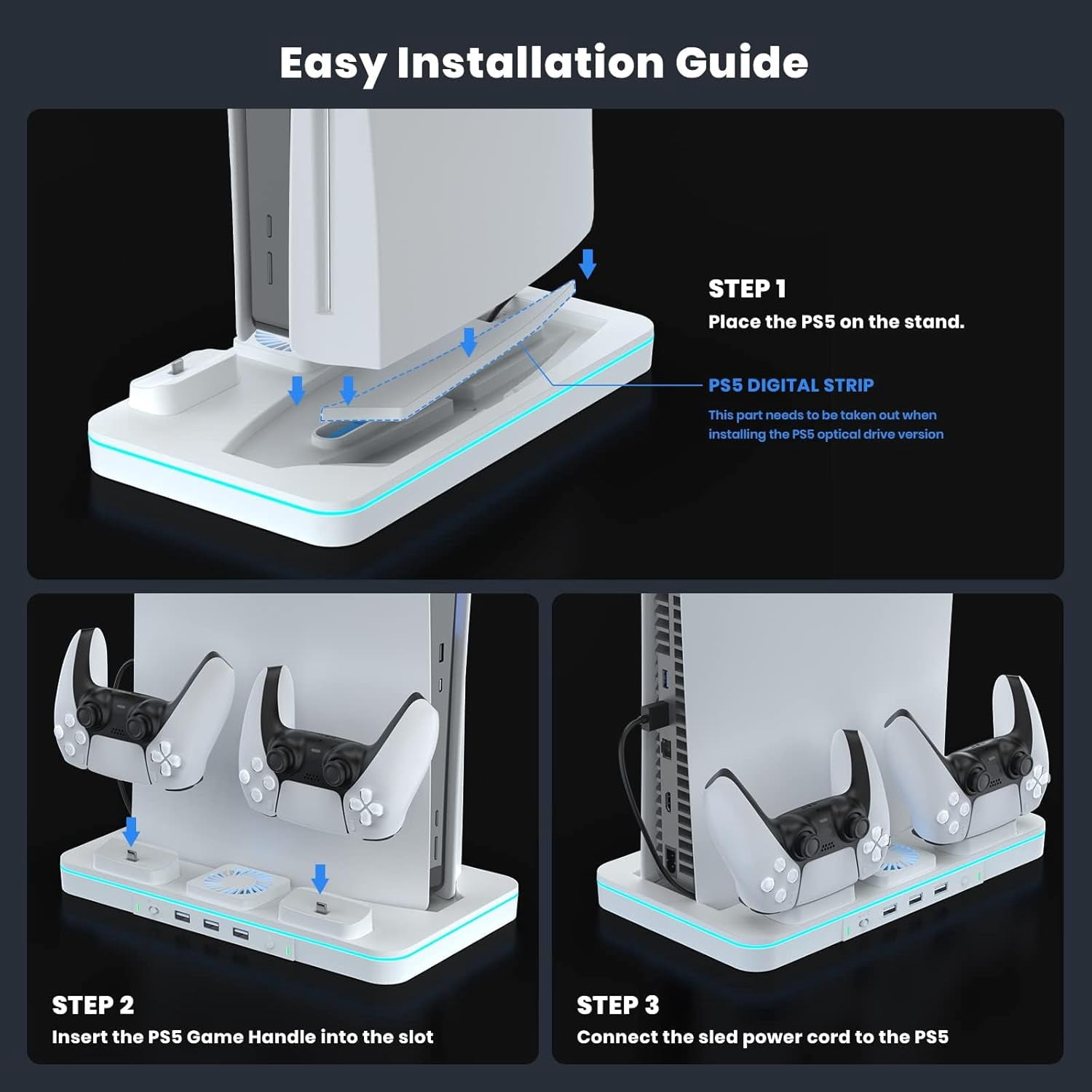 Cooling Station for PS5/PS5 Slim/PS5 Pro Console (Disc& Digital),PS5 Slim Stand with Fast Controller Charging Station,Controller Charger,3 Speeds Cooling Fan,Headset Holder,RGB Lights&3 USB Ports