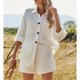 thumbnail image 3 of Traje informal para mujer, cuello vuelto, mangas largas enrolladas, cintura elástica, ropa de mujer de 2 piezas, 3 of 8