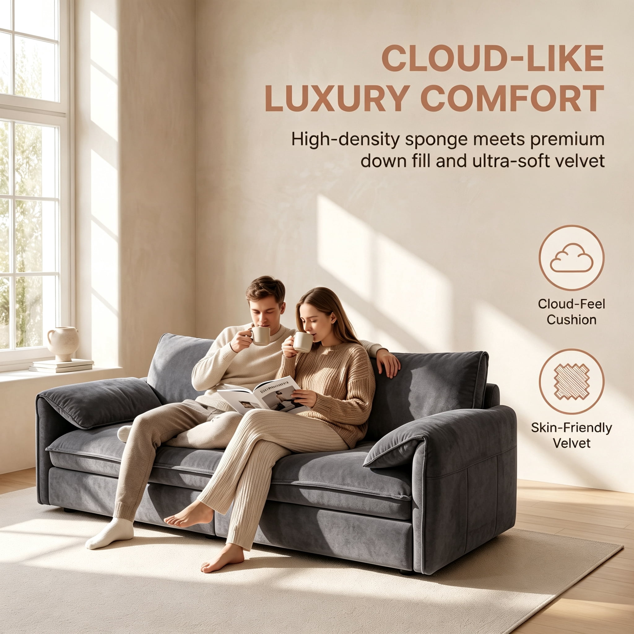 3-in-1 Queen Pull Out Sofa Bed, 66" Velvet Convertible Sleeper Couch with Deep Seat & Storage Pocket, Modern Folding Futon Sofa Bed, Dark Gray