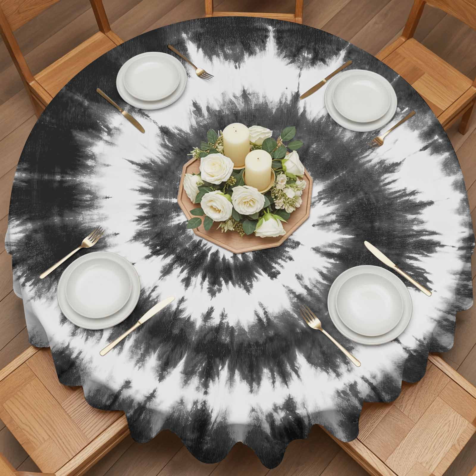 Round Tablecloth Abstract Explosion Tie Dye Waterproof Oil Proof Polyester Table Cloth Cover Decor for Home Dining Outdoor,Patio,Parties, 60" Dia. Black White