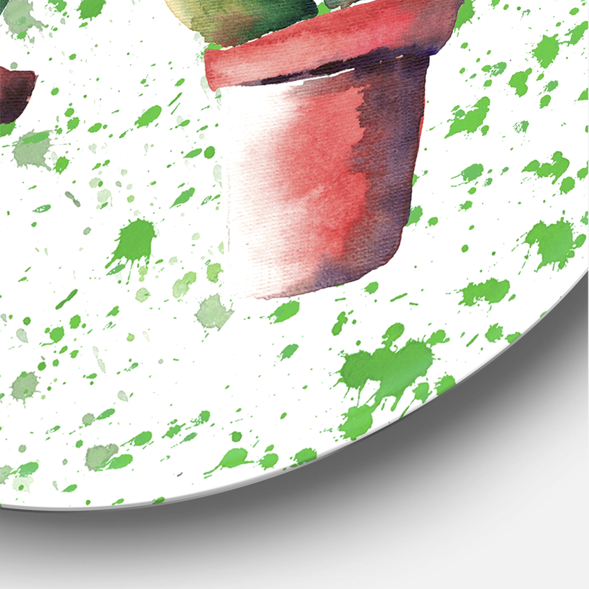 Designart 'Three Cacti In Clay Pots With Green Dots' Traditional Circle Metal Wall Art 29x29 - Disc of 29