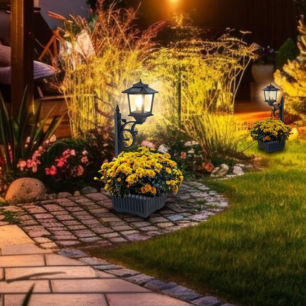 Solar Lamp Post with Planter - 20LM Glass Outdoor Light, Waterproof, Freestanding or Wall-Mounted for Lawn, Patio, Door