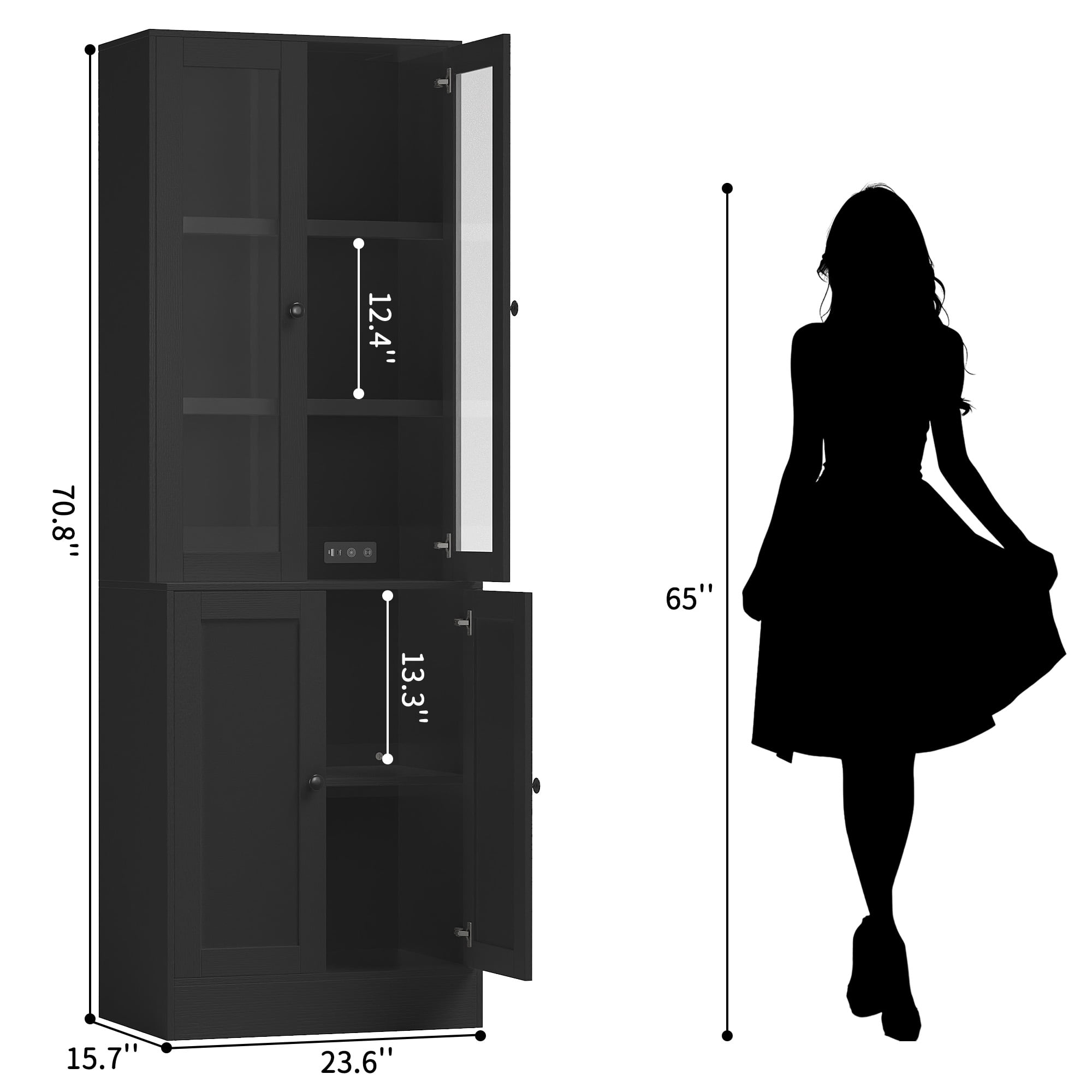 NEGYLIM 71" Bookcase with Glass Door,Display Bookshelves with Charging Station & Adjustable LED Lights,Modern Bookcase for Living Room,Bedroom,Home Office (Black B)