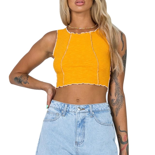 Top corto con cuello redondo, versátil, sin mangas, transpirable, con espalda cruzada, camisetas sin mangas para mujeres y niñas, amarillo S