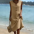 thumbnail image 6 of Lovzfmll Women's Decorative Button Linen Blend Pocket Shift Maxi Dress, Loose V Neck Sleeveless Casual Dress Khaki, M, 6 of 8