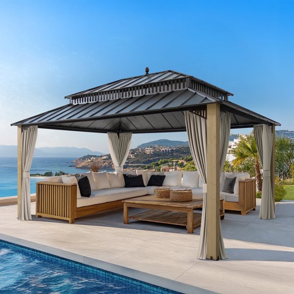SUNJOY Kingston 16x12 Gazebo, Steel Hardtop Gazebo with Curtain and Netting - Cedar Posts