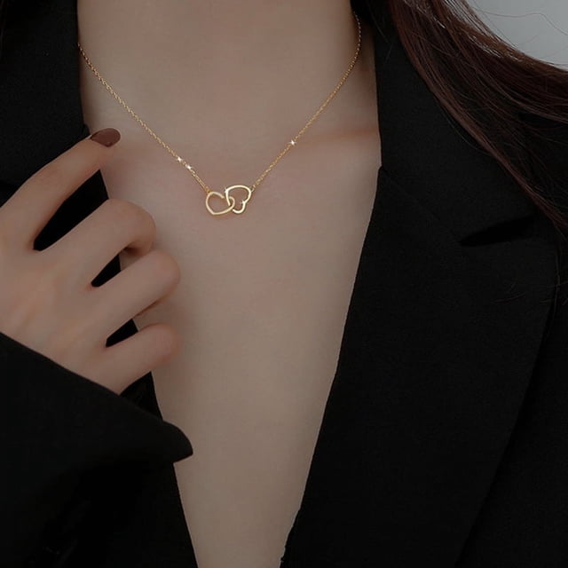 Collar de doble corazón de melocotón con aleación de metal de estilo frío, collar de amor compacto entrelazado con anillo para mujer