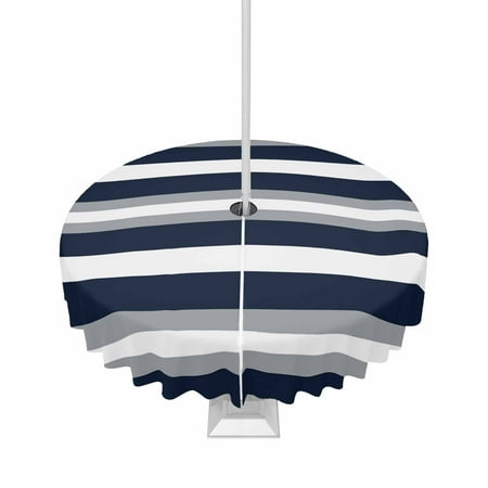 

Lsrtoss Outdoor Tablecloth with Umbrella Hole & Zipper Navy Blue Grey Striped Round Tablecloth 54 Inch Farmhouse Stripes Minimalist Patio Table Cover Waterproof Table Cloth for Picnic/Party