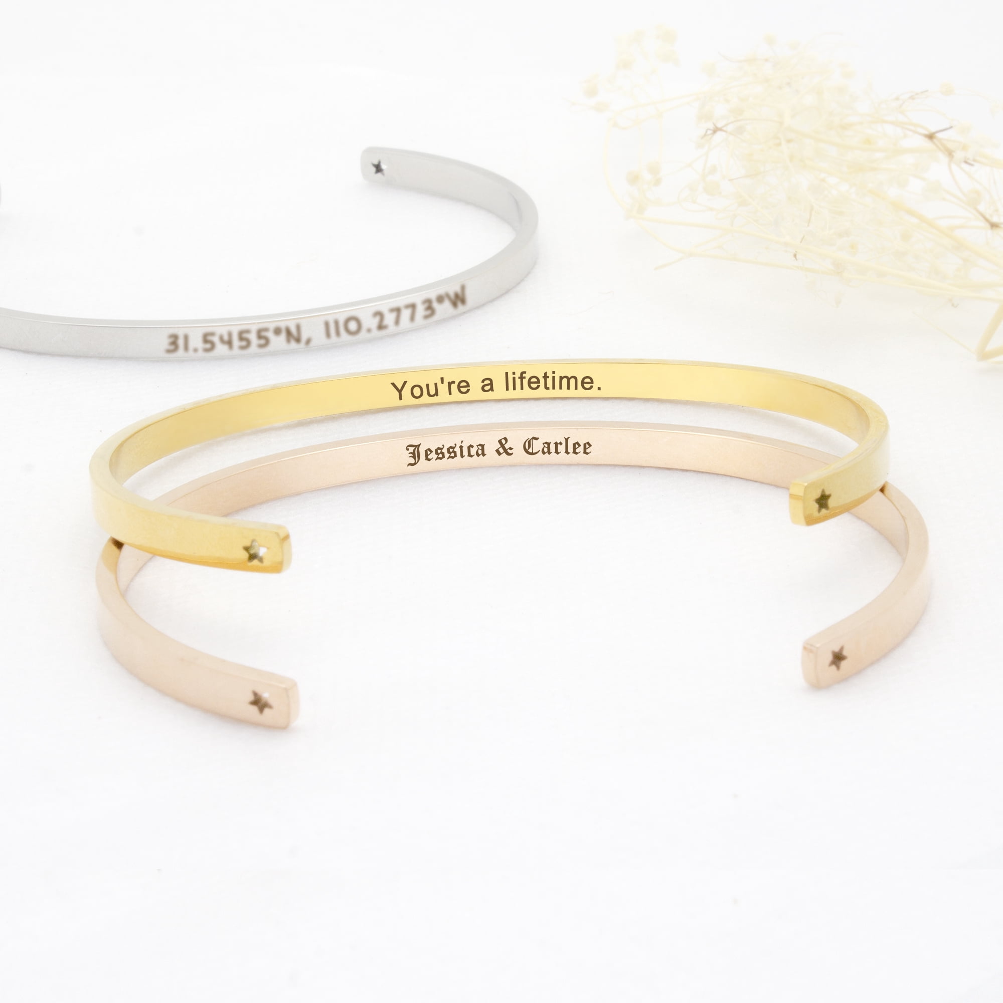 Personalized Gold Stainless Steel Stretchable Cuff Bangle Bracelet - Laser Engraved Dainty Bracelet - Non Tarnish - Stackable Bracelet - Gift for Her Gift Set