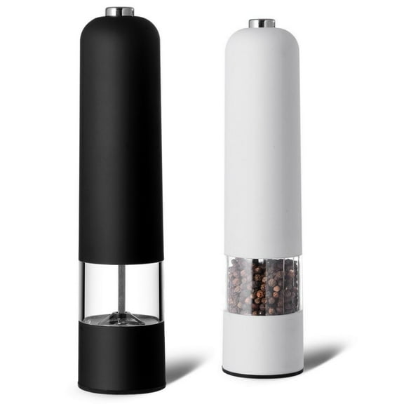 Raistyw Electric Salt and Pepper Grinder Set, Automatic Pepper Mill, Battery-Operated with Adjustable Coarseness, Black and White, 2 Pack