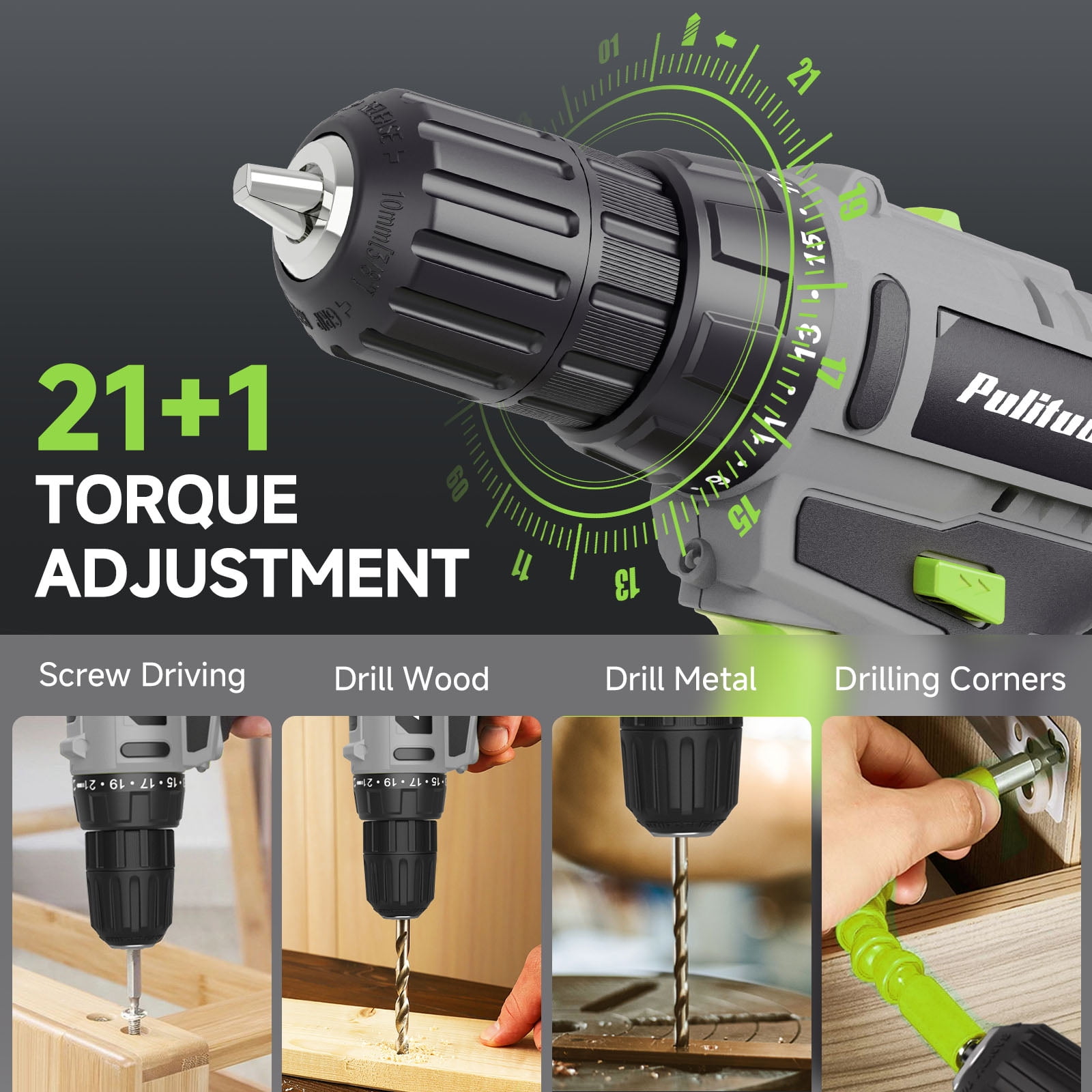 Pulituo 20V Cordless Drill Driver Kit, Home Tool Set with 20V Lithium-Ion Drill, 2pcs Battery, 120PCS All-Purpose Kit, 21+1 Torque, 2-Speed, DIY & Home RepairsGreen