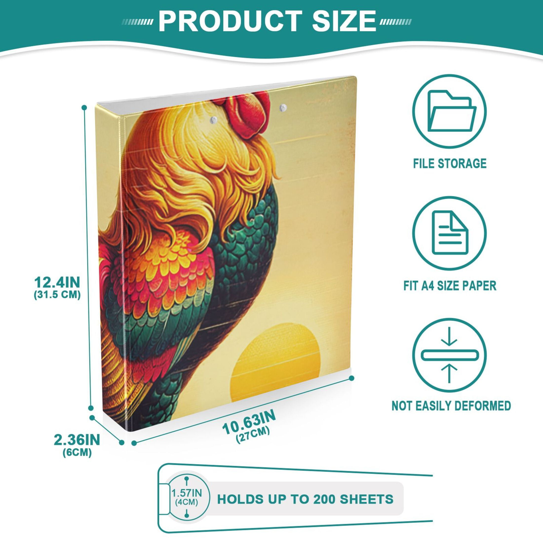 Retro Rooster 3 Ring Binders 1.5 inch Hardcover File Folders with Interior Pockets A4 Size Organizer for School Office Hospital