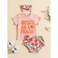 thumbnail image 2 of Wassery Infant Baby Girls Summer Outfits Letter Print Short Sleeve T-shirt and Peach Print Elastic Shorts Headband 3Pcs Set, 2 of 9