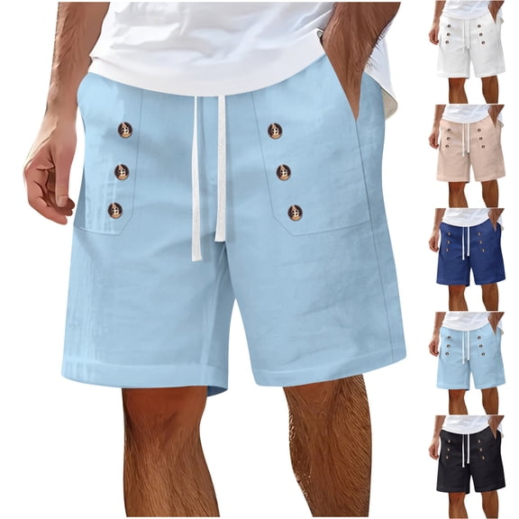 Men's Summer Beach Shorts Button Detail 8" Inseam Woven Texture Casual Bermuda Short Pants Elastic Waist Drawstring Above Knee for Tropical Vacation