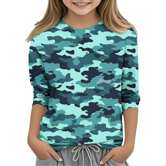 Ugoldhm Girls Tops Crewneck Camouflage Graphic Casual Shirts Summer Fall Cotton Tees 3-12 Years