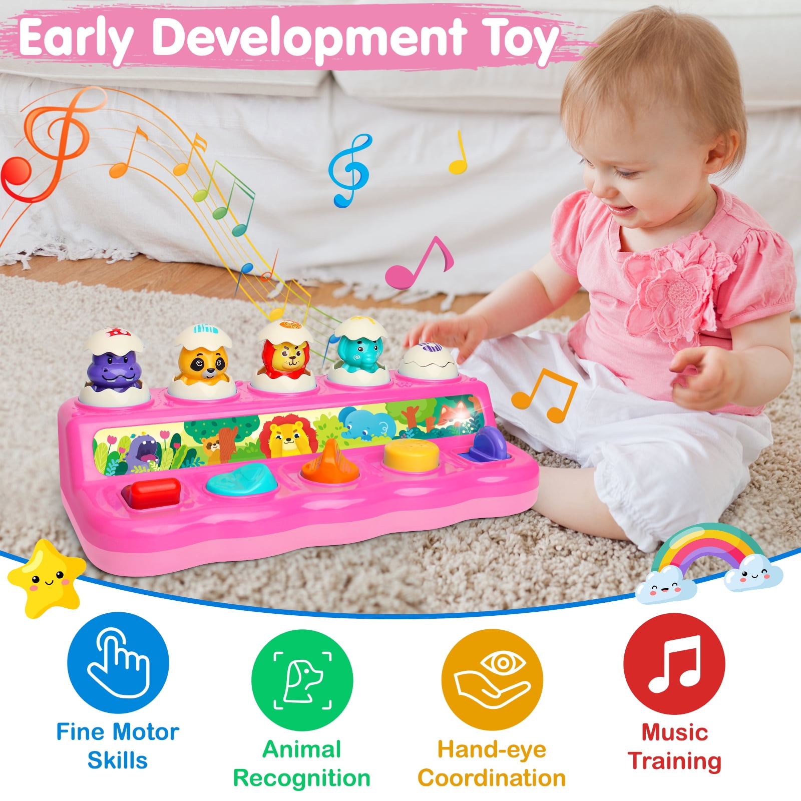 Wanonoo Interactive Pop Up Toys with Music & Light, Montessori Cause and Effect Toys for 1 Year Old Girl, Early Animal Learning Musical Baby Toys for 9-12-18 Months, Birthday Children's Day Gifts