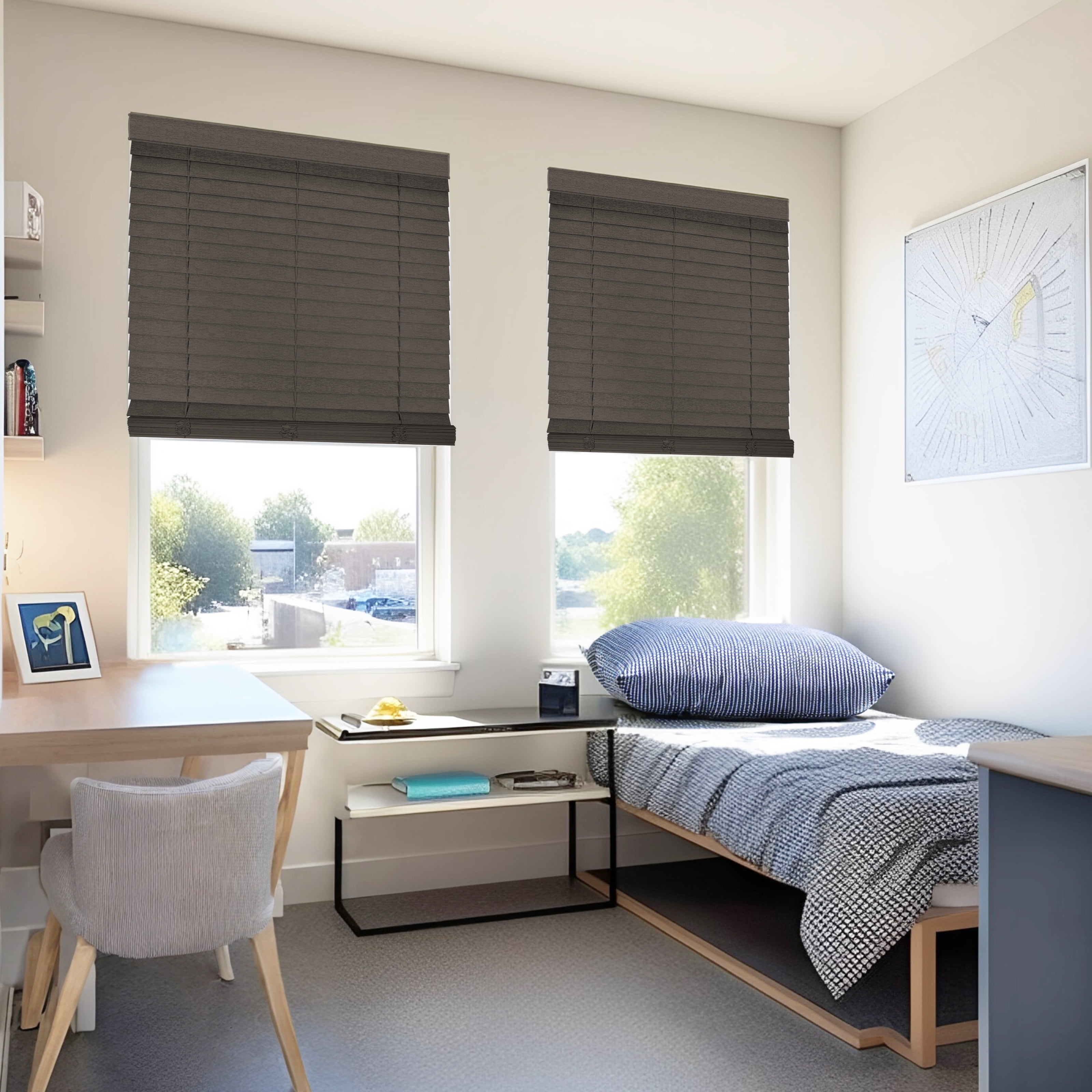 Chicology Cordless Faux Wood Blinds, Brown Textured (2" Slat), 26.5"W X 72"H