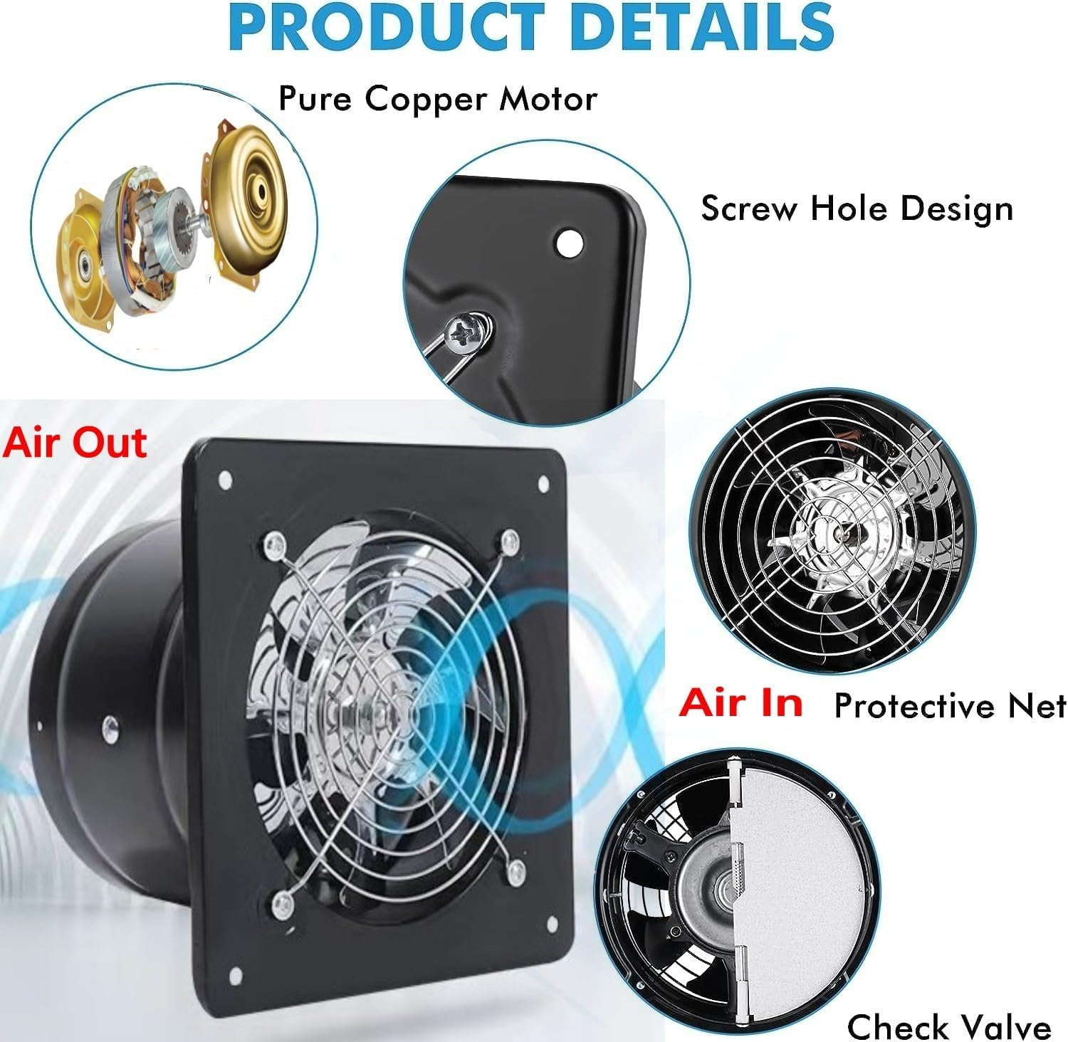 8 inch Exhaust FanThrough-wall installation Ventilation Fan 110V Exhaust Smoke Fan Ventilation with Power Cord for Kitchen,Bathroom,laundry room,Toilets,Garage (Black)