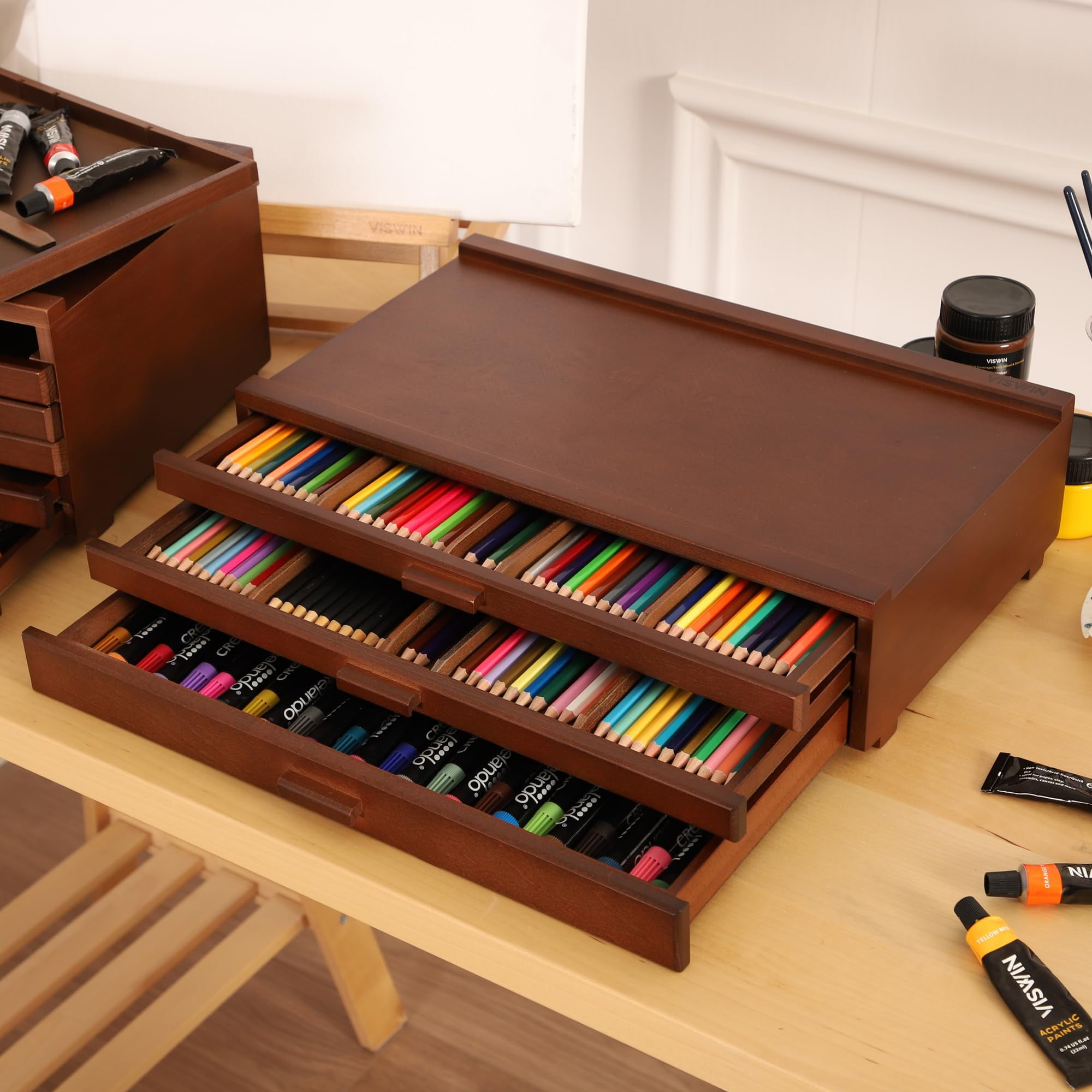 VISWIN 3-Drawer Wood Artist Supply Storage Box with Detach Dividers-Walnut