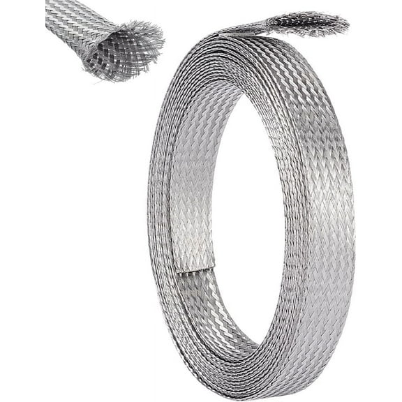 0.59" Wide Stainless Steel Sleeving Braid 13.12 Feet Cable Wire Shielding Sleeve Ground Straps Protection Metal Mesh Flexible Expandable Scalable Ribbon Wire for Protect Cable for DIY