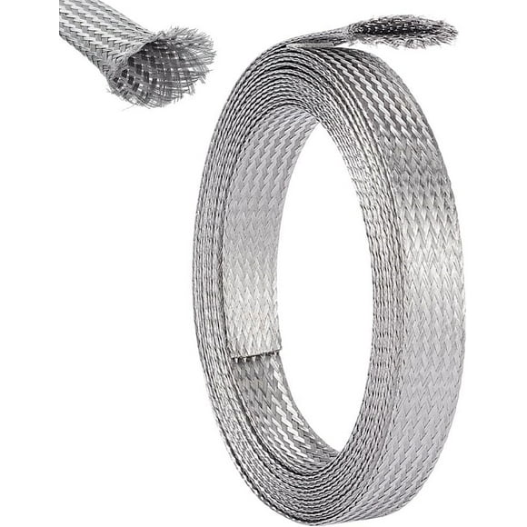 Malla trenzada de acero inoxidable de 15 mm de ancho, 4 m de longitud, funda protectora para cables, correas de conexión a tierra, malla metálica de protección, cable plano flexible y expandible.