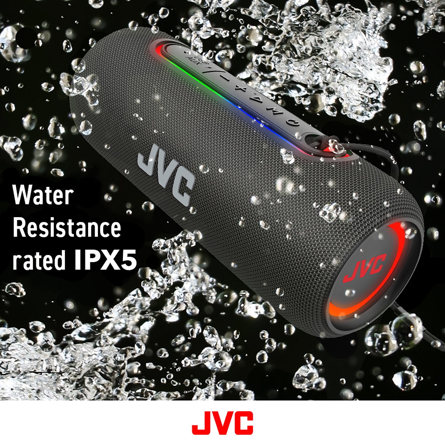JVC Illuminated Portable Wireless Speaker with 20W max outputs, Dynamic Sound, Bluetooth 5.0, TWS Capability, USB-C, IPX5, AUX in, up to 5-Hour Battery Life - SPPA5BTB (Black)