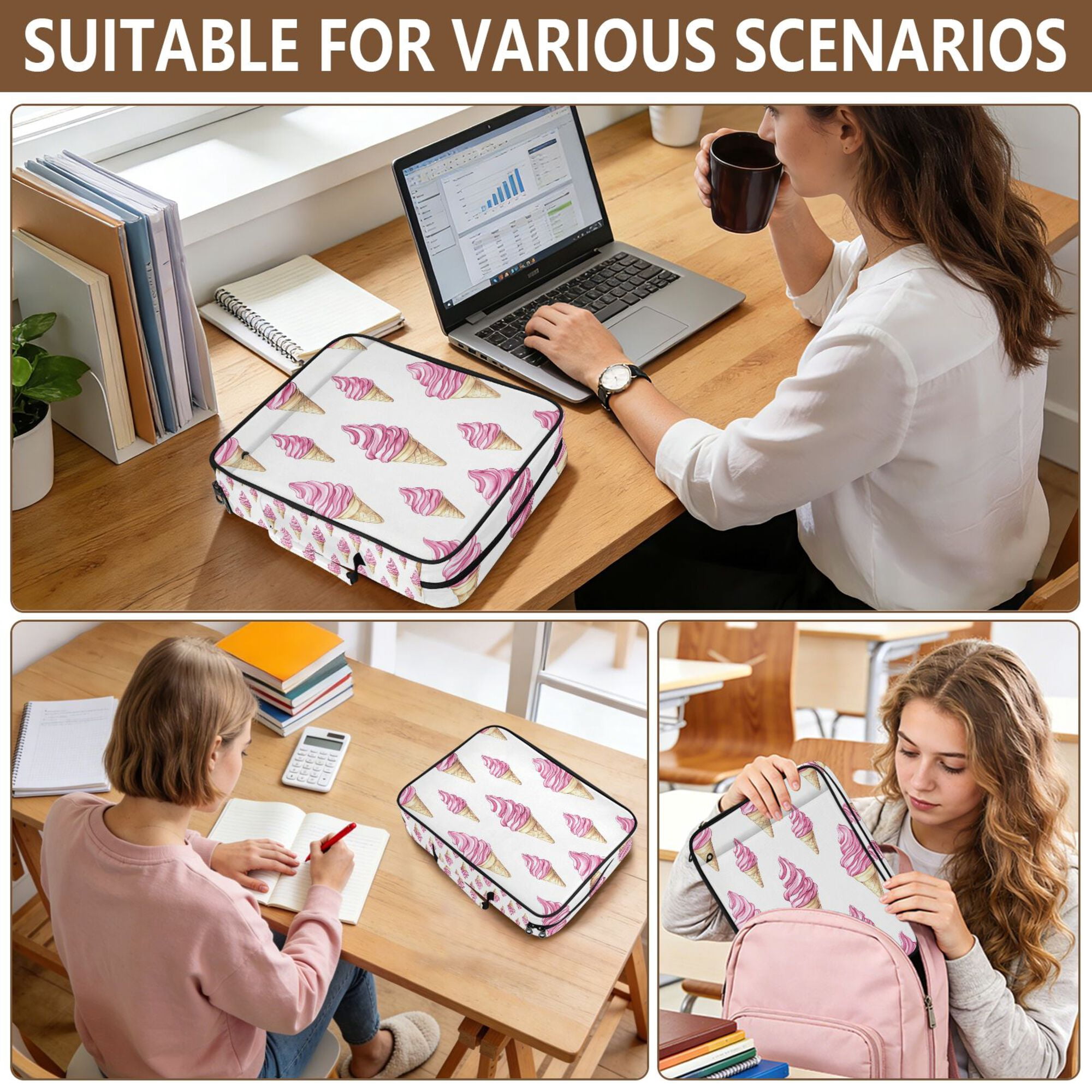 FORMRS Accordion File Folder A4 Size 7-Pocket Expanding Document Organizer Bag with 3 Ring Binder, Pink Cartoon Ice Cream