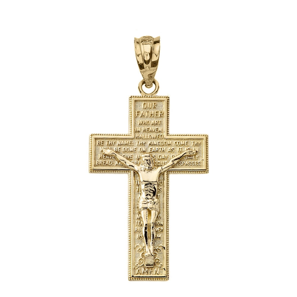 10k Yellow Gold The Lord's Our Father Prayer Crucifix Pendant Necklace (16 Inches)
