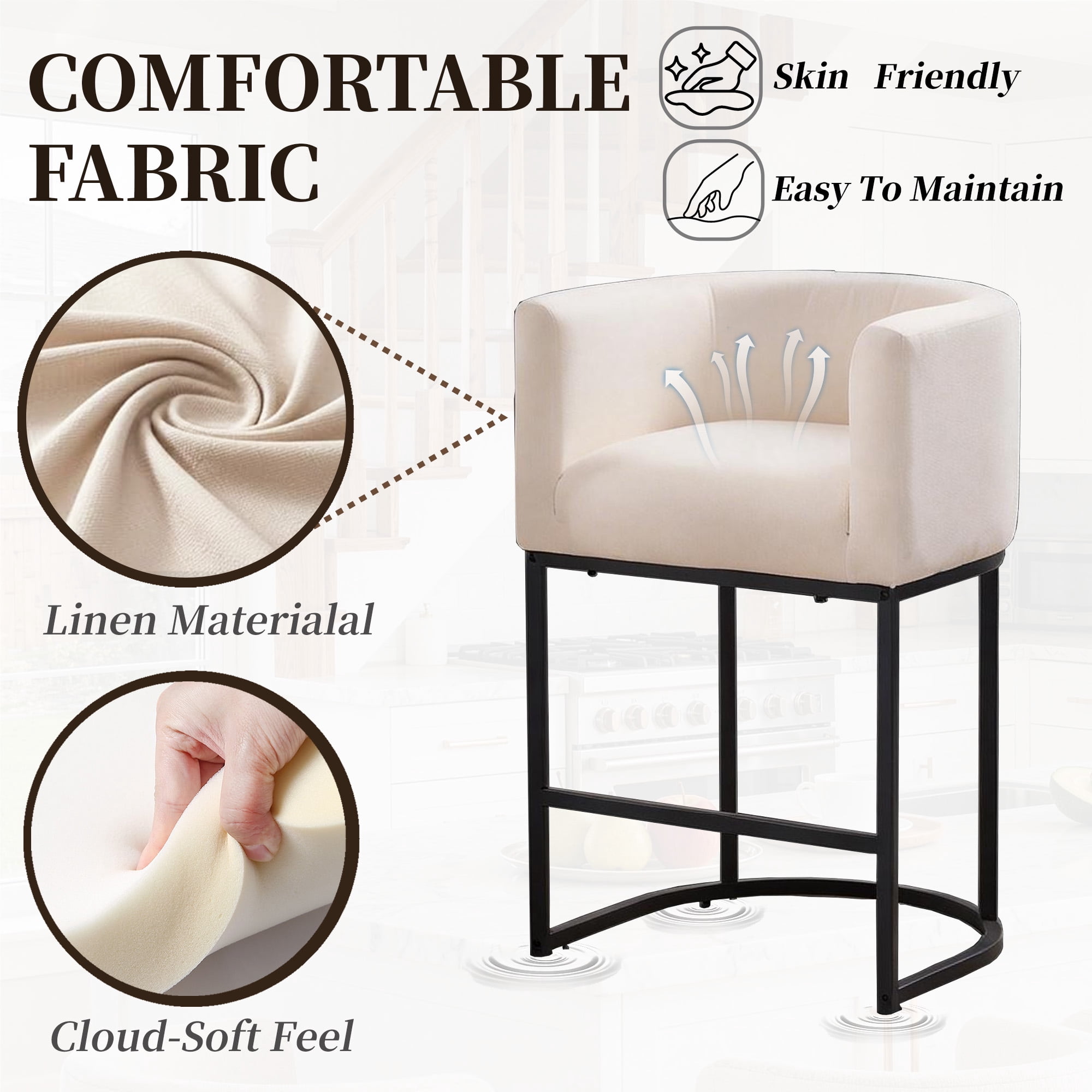CRERIYO 26" Counter Height Bar Stools Set of 2, Fabric Upholstered Modern Barrel Bar Chairs with Metal Frame, Beige