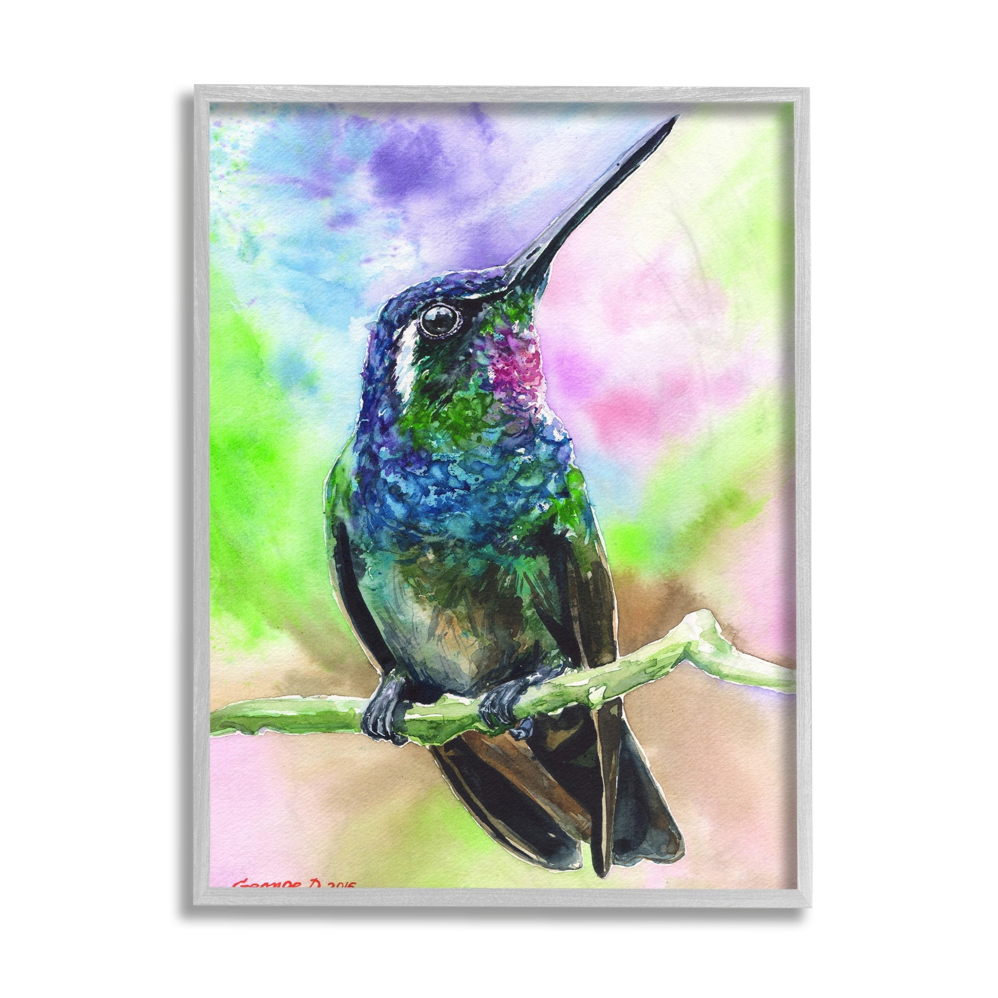 Stupell Industries Vibrant Hummingbird Perched Soft Tie-Dye Black Framed, 11 x 14, Design by George Dyachenko