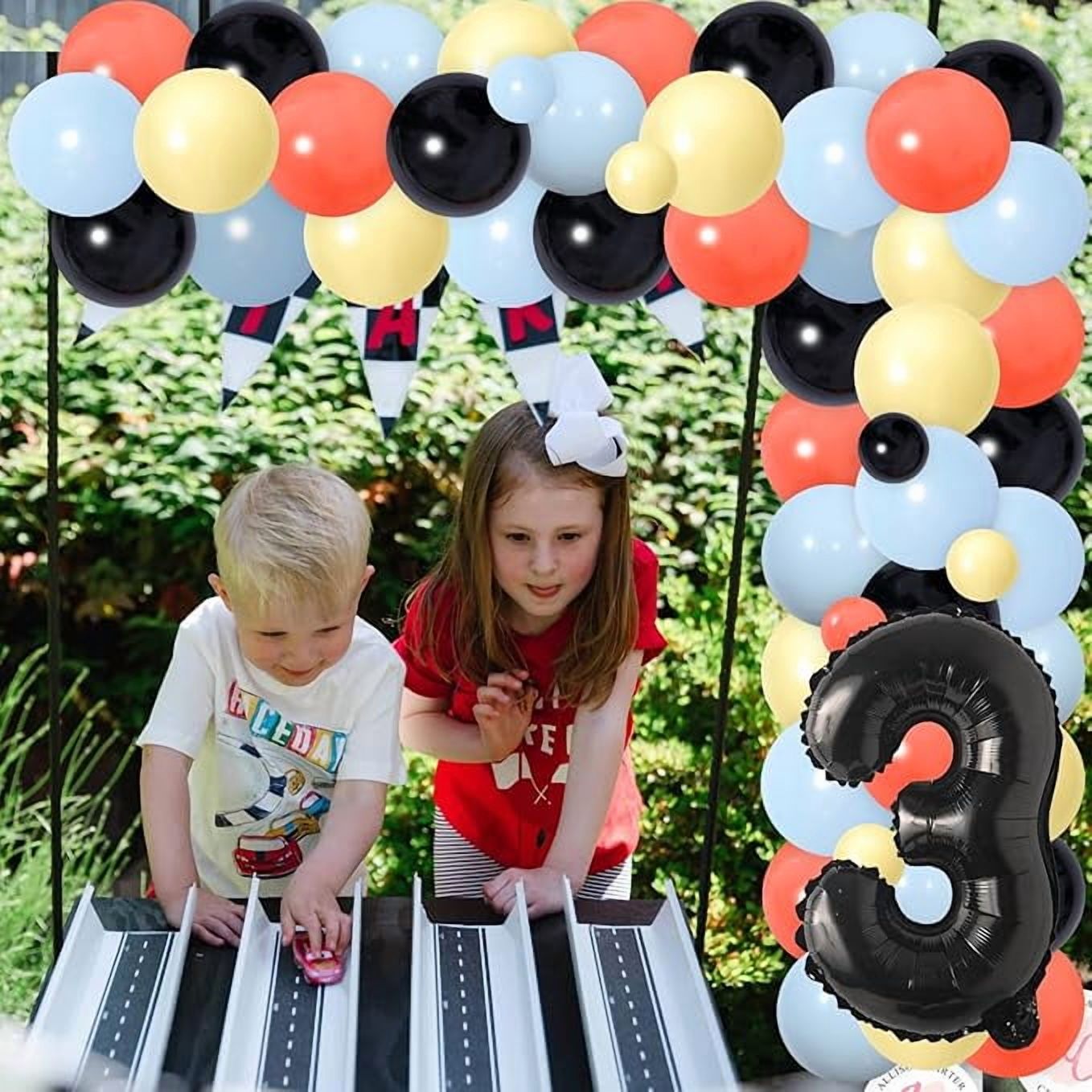 Retro Racing Car 3rd Birthday Party Decorations, Can't Catch Me I'm Three Backdrop, Vintage Race Car Balloon Arch Kit for Boys Girls Racing Themed 3 Years Old Birthday Supplies