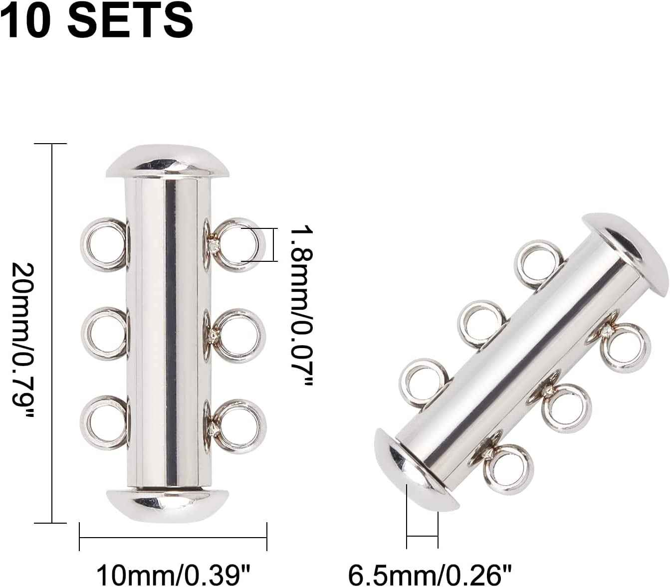ABPETE Pro-Grade Slide Clasp Set,10-Pack 3-Strand Anti-Tangle Tube Locks for Layered Bracelets & Necklaces,304 SS Magnetic Connectors (20mm)