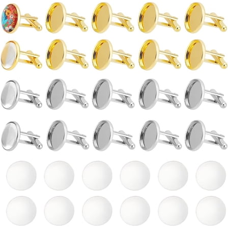1set 24pcs 2 colors Brass Cufflinks Cuff Button with Tray with 24pcs Glass Cabochons & Golden 18x18mm Tray: 16mm