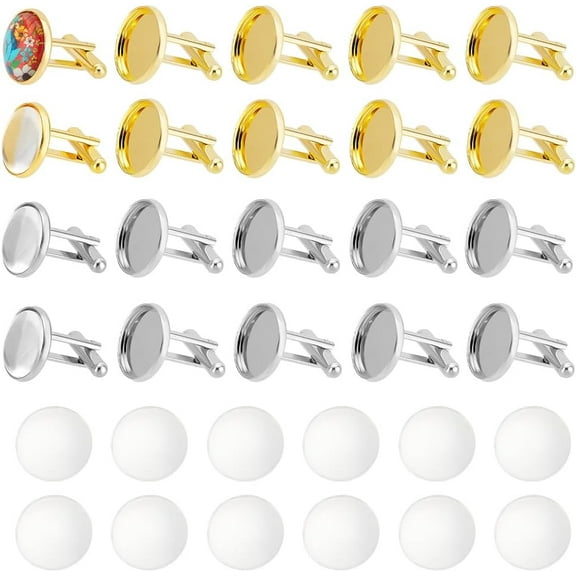 1set 24pcs 2 colors Brass Cufflinks Cuff Button with Tray with 24pcs Glass Cabochons & Golden 18x18mm Tray: 16mm