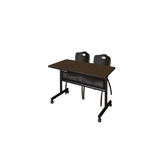 Regency Kobe 48 x 24 in. Flip-Top Privacy Nesting Table- Neo Walnut, 2 M Stack Chairs- Black