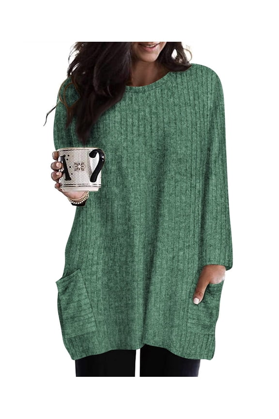 Plus Size Shirts 4X Long Sleeve Womens Tops Fall Crew Neck Khaki Sweatshirts Fashion Knit Tee Loose Fit Tunics Winter Blouses Casual Oversized Pullovers with Pocket 4XL 24W 26W