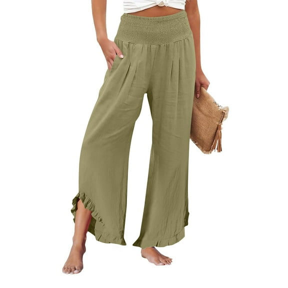 Mohiass Ruffle Hem Pants for Women with Leg Ruffle 2025 Flowy Palazzo Pants Wide Leg Summer Linen Trousers Beach Boho Smocked Waist Pants with Pockets Army Green L