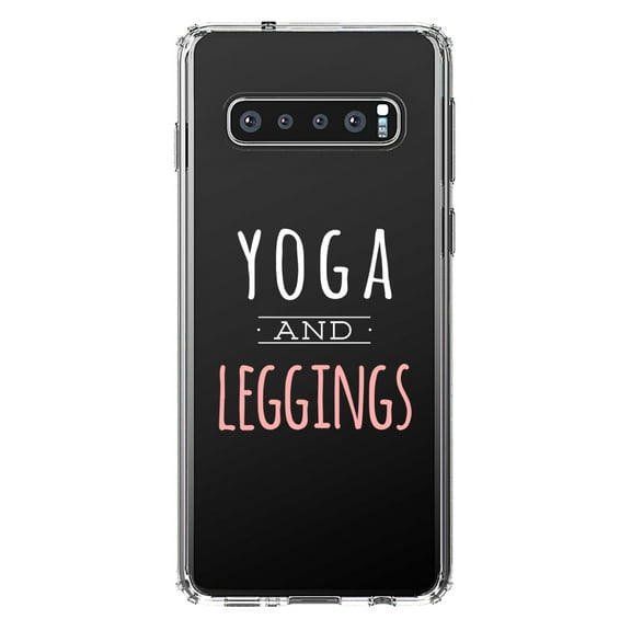 DistinctInk Clear Shockproof Hybrid Case for Samsung Galaxy S10 (6.1" Screen) - TPU Bumper Acrylic Back Tempered Glass Screen Protector - Yoga and Leggings