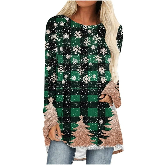 YUGYXL Women's Xmas Tree Graphic Shirts Oversized Crewneck Long Sleeve Glitter Tunic Blouse Casual Christmas Holiday Pullover D Multicolor XXL