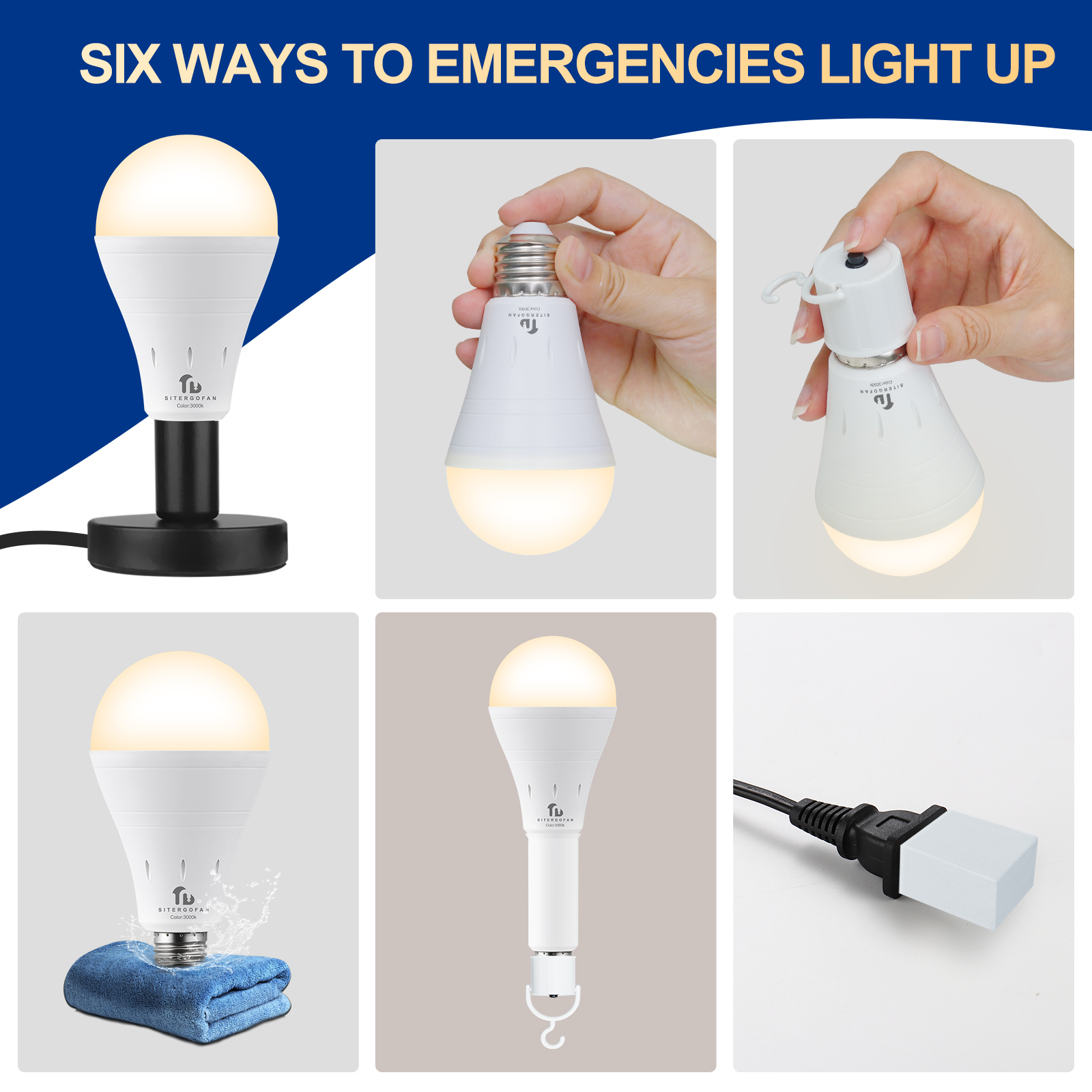 6PK 9W Rechargeable Light Bulbs,E26 Emergency Light Bulb with Hook for Daily,Home Emergency,Outdoor Portable Use