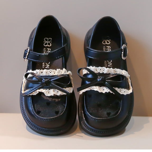 ITSAME Girls Platform Loafers, Adjustable Strap Mesh Breathable Cute Bow Kids Fashion School Uniform Dress Shoes Black 13.5(Little Kids)