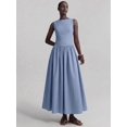 thumbnail image 4 of Blue Striped Sleeveless Ruched Waist A-Line Maxi Dress Cotton, 4 of 30