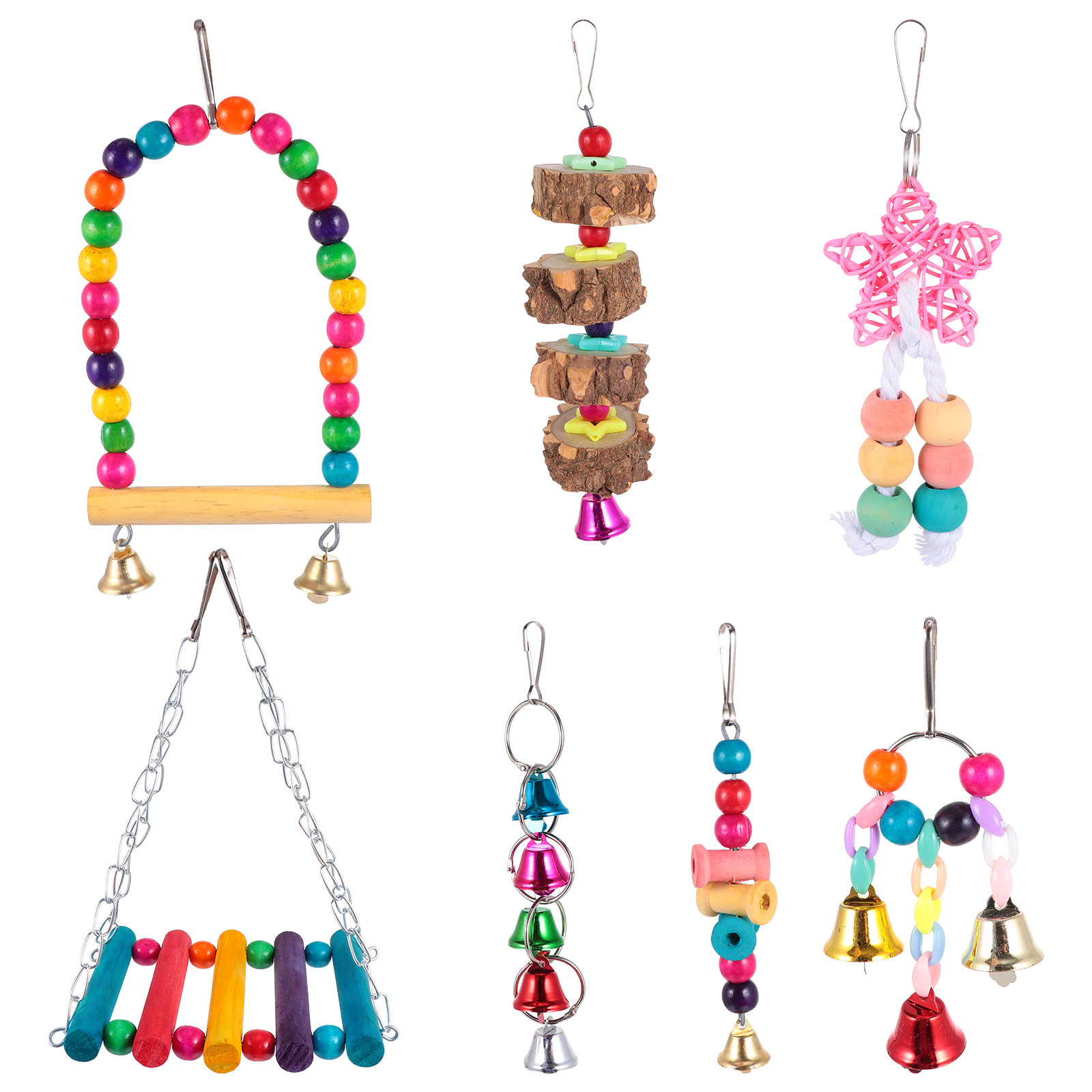 Etereauty Toys Bird Parrotswing Cage Hanging Chewing Bitebell Hammock Ladder Cockatiels Bells